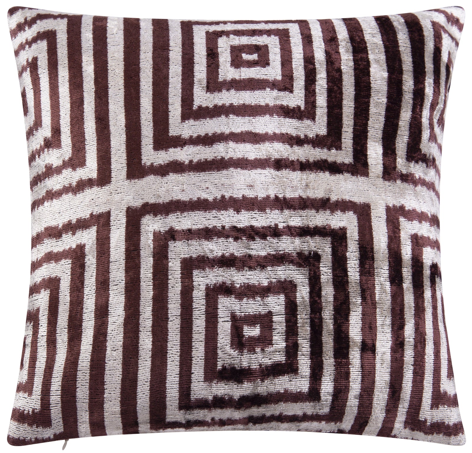 Handmade Velvet Throw Pillow - 16x16 Inches, Naturally Vegetable-Dyed, Premium Down Feather Insert - Brown and Beige Geometric Square Design, Luxury Home Decor Accent