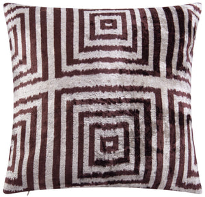 Handmade Velvet Throw Pillow - 16x16 Inches, Naturally Vegetable-Dyed, Premium Down Feather Insert - Brown and Beige Geometric Square Design, Luxury Home Decor Accent