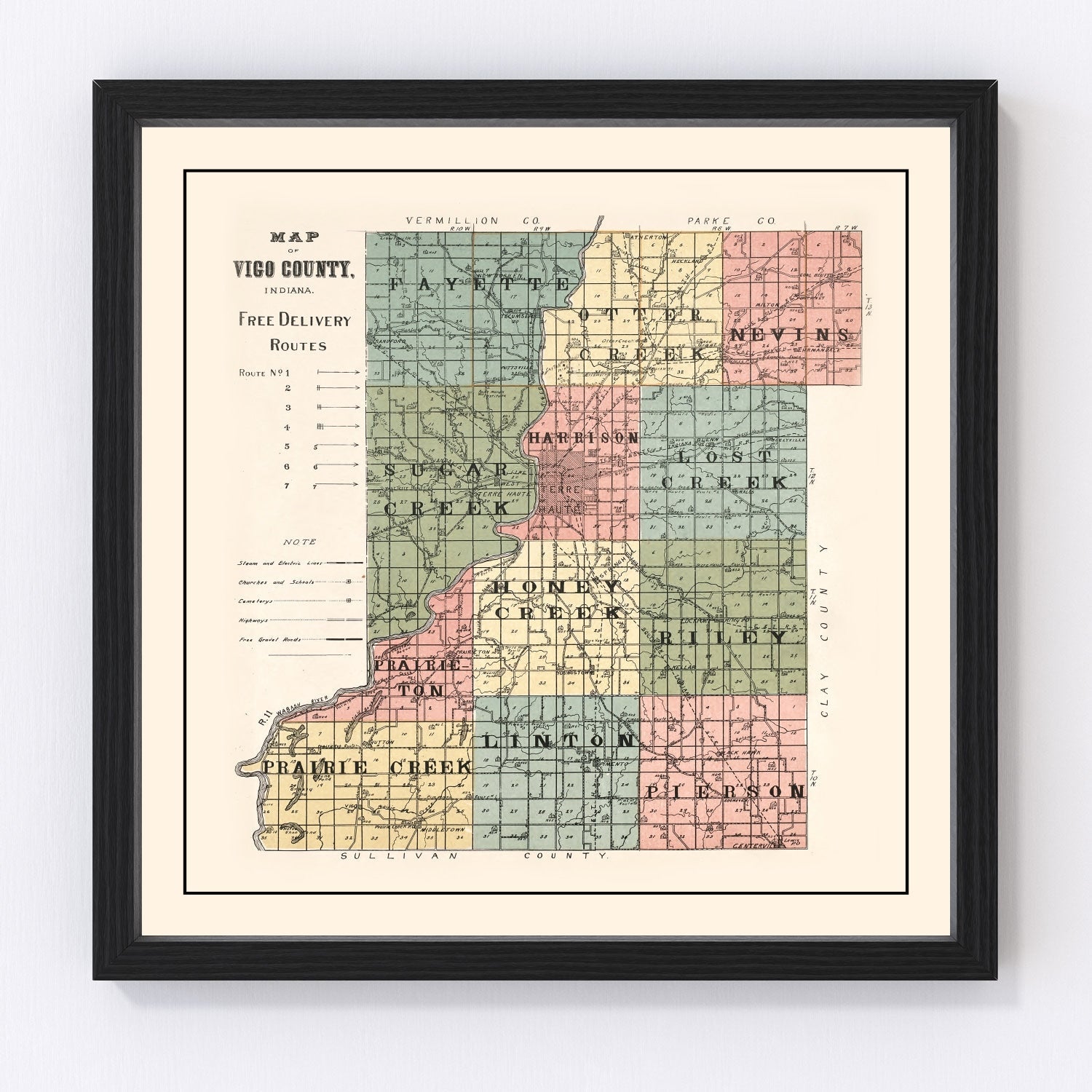 Vintage Map of Vigo County, Indiana 1907