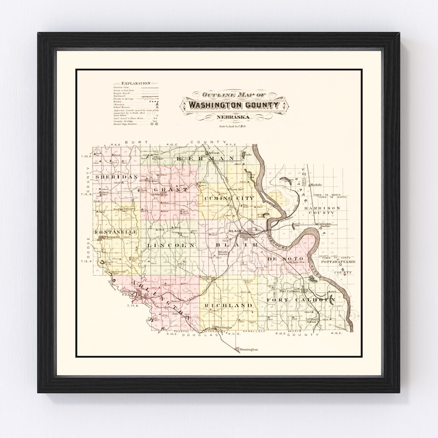 Vintage Map of Washington County, Nebraska 1908