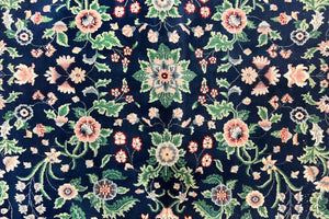 Indo Persian Rug 9x12, Wool Hand Knotted Vintage Carpet, Navy Blue & Ivory, Floral Allover Oriental Rug, 9 x 12 Room Sized Traditional Rug