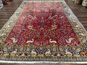 Persian Qum Rug 9x12, Animal Pictorials, Deer Birds, Tree of Life, Red and Navy Blue