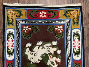 Chinese Peking Rug 3x5 with Animal Pictorial, Brown Ivory Gold Red, Handmade Vintage Chinese Carpet, Art Deco Rug, Unique Asian Oriental Rug
