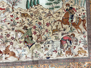 Silk Persian Qum Rug 3x5, Hunting Pattern, Handmade Vintage Carpet, Signed by Master Weaver, Horsemen Pictorials, Super Fine 650 KPSI