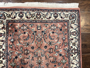 Indo Persian Runner Rug 2.6 x 10, Wool Hand Knotted Vintage Oriental Carpet, Pink & Ivory, Floral Allover, Hallway Rug