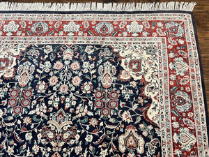 Pak Persian Rug 6x9, Floral Medallion, Dark Blue, Traditional Oriental Carpet, Handmade Wool Vintage Medium Size Rug, 240 KPSI