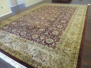Indian Agra Rug 10x14 Vintage Handmade Larastan Wool Carpet Maroon Floral