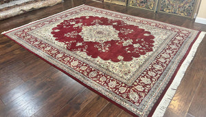 Pak Persian Rug 9x12, Handmade Vintage Traditional Wool Carpet, Floral Medallion, Dark Red Ivory/Cream, Fine 250 KPSI