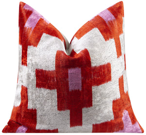 Handmade Velvet Throw Pillow - 16x16 Inches, Naturally Vegetable-Dyed, Premium Down Feather Insert - Red, Pink, and Beige Geometric Cross Design, Luxury Home Decor Accent