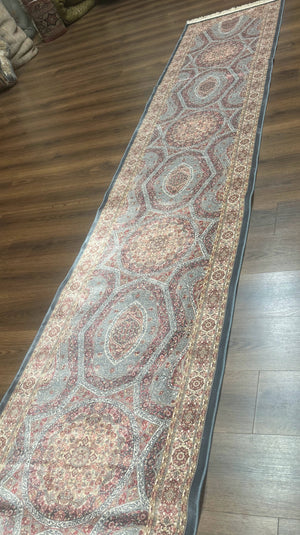 Turkish Silk Runner Rug 2.6 x 13, Blue Runner Rug, Dome Design, Bamboo Silk, New