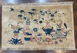 Chinese Rug 5x3, Horizontal Rug, Vases Flowers, Handmade Antique Vintage Carpet, Peking Rug, Chinese Wool Rug