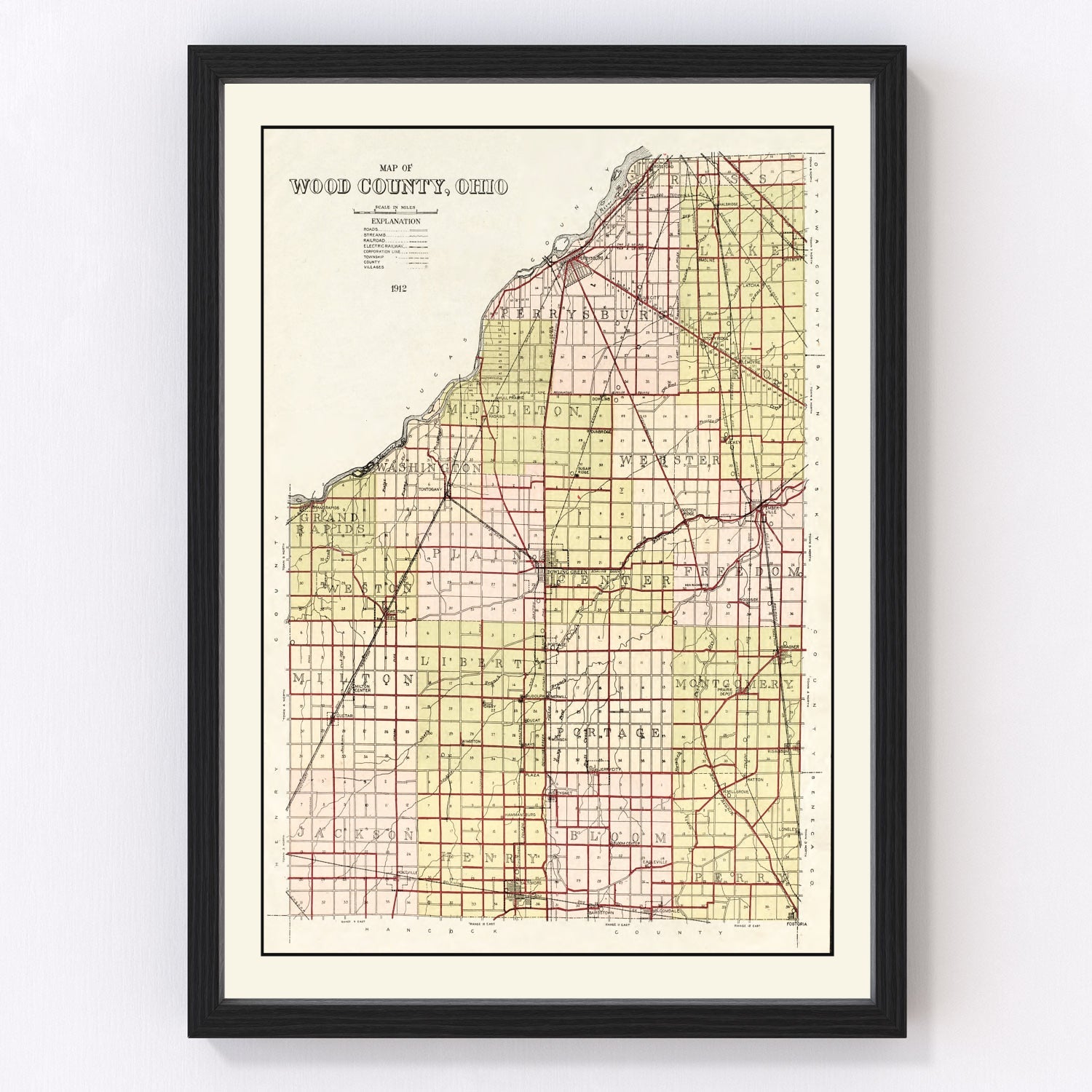 Vintage Map of Wood County, Ohio 1912