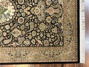 Pak Persian Rug 4x6, Wool Hand Knotted Vintage Carpet, Black & Olive Green, Bird Pictorials, Floral Fine Oriental Rug