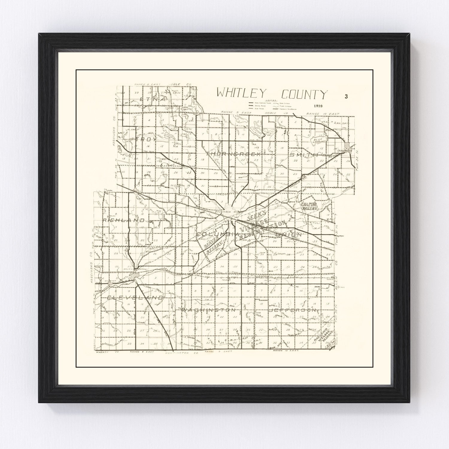 Vintage Map of Whitley County, Indiana 1939