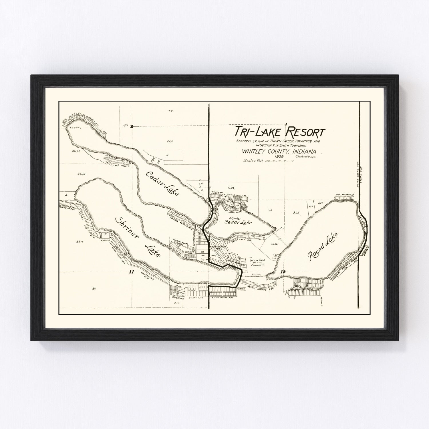 Vintage Map of Tri-Lake Resort, Indiana 1939