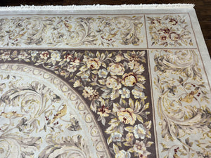 Aubusson Rug 10x14, Wool & Silk Highlights Hand Knotted Vintage Carpet, Birds Flowers, Fine Details, Elegant