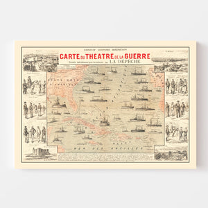 Vintage Spanish American War Map of the Atlantic 1898