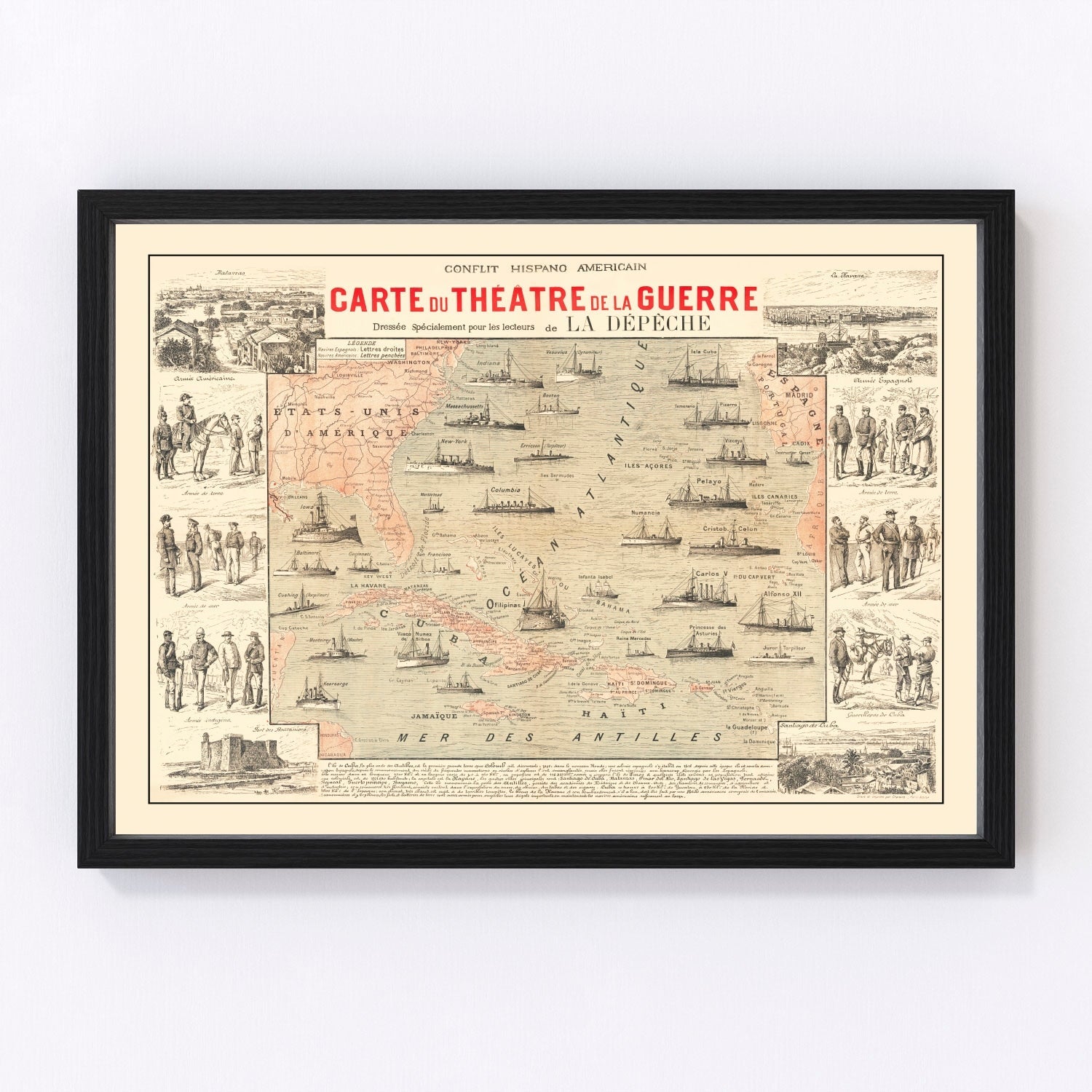 Vintage Spanish American War Map of the Atlantic 1898