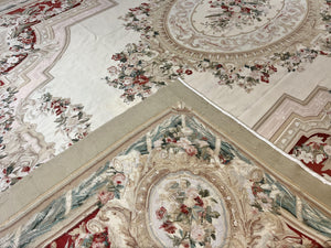 Large Aubusson Rug 11x17, Wool Handmade Vintage Carpet, Ivory Beige, French European Elegant Design, Palace Size Rug