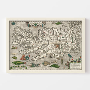 Vintage Iceland Map with Sea Monsters 1587