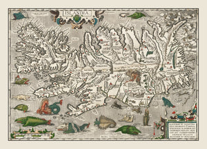 Vintage Iceland Map with Sea Monsters 1587