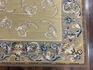 Vintage Aubusson Flatweave Area Rug 9x12, Aubusson Weave, Wool, Beige, Handmade, French European Design, 8'9" x 11'9"
