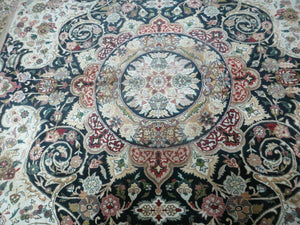 Beautiful Sino Persian Rug 9x12, Elegant High Quality Handmade Wool Oriental Carpet, Medallion with Corner Design, Floral, Black and Ivory