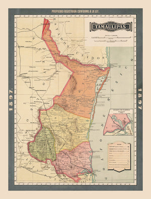 Vintage Tamaulipas, Mexico Map 1897