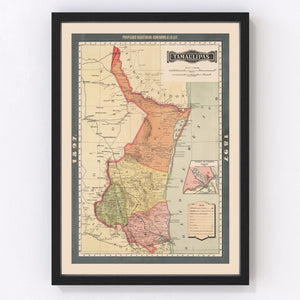 Vintage Tamaulipas, Mexico Map 1897