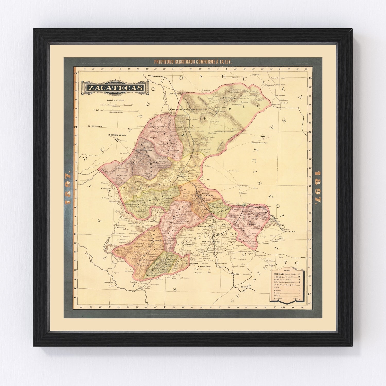 Vintage Zacatecas, Mexico Map 1897