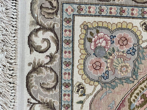 Sino Persian Rug 9x12, Wool on Silk Foundation Hand Knotted Ivory Vintage Carpet, Birds Design, Very Fine Room Sized Floral Oriental Rug
