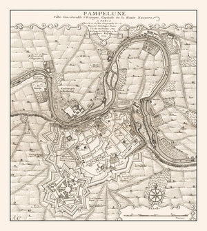Vintage Map of Pamplona, Spain 1719