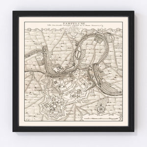 Vintage Map of Pamplona, Spain 1719