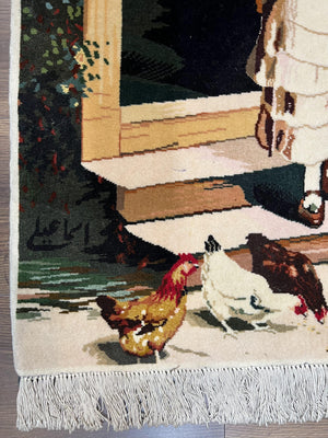 Persian Tabriz Pictorial Rug 2x3, Fine High KPSI Pictorial Carpet, Lady in Front of Home with Chickens 2 x 3 ft Oriental Rug Vintage Handmade Wool