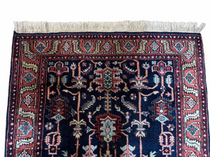 4x6 Vintage Handmade Wool Geometric Rug Organic Dyes Blue Red Hand-Knotted Rug