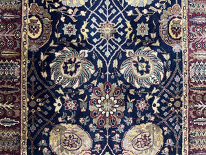 Indo Persian Runner 2.8 x 18, Long Skinny Hallway Wool Runner Rug, Hand Knotted Vintage Floral Allover Traditional Runner Dark Blue Burgundy