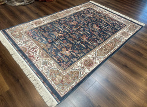 Turkish Silk Rug 5x8, Hunting Design, Animal Pictorials, Steel Blue & Ivory, Bamboo Silk