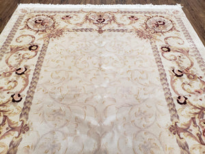 Vintage Ivory Chinese Aubusson Area Rug 6x9, Wool & Silk, Hand-Knotted 120 Line Fine Rug, European Design Carpet, 6 x 9 Master Signature Rug