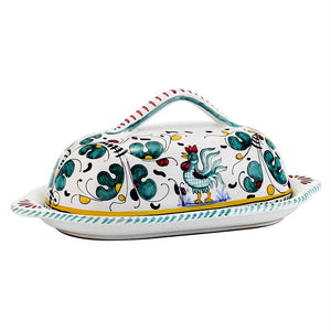 ORVIETO GREEN ROOSTER: Oval Butter Dish with Cover