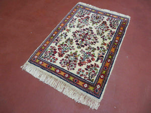 Small Persian Rug 2 x 3, Tiny Persian Sarouk Carpet, Cream Navy Blue Red, Floral Medallion, Vintage Wool Rug, Handmade Hand-Knotted Oriental Rug