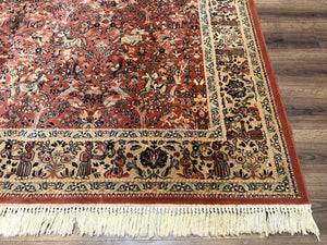 Persian Area Rug 8 x 11.6, Wool, Royal Hunting Scene, Vintage Couristan Rug, Red, Allover Pattern, Belgium Power Loomed