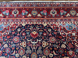 Navy Blue Persian Rug 9x12, Antique Persian Carpet, Kork Wool, 200 KPSI, Persian Kashan Rug