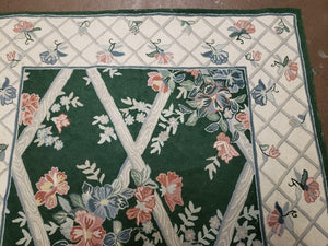 3' 6" X 5' 6" Hand Stitched Indian Wool Rug with Backing Green Beige