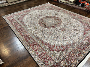 Silk Indian Kashmiri Rug 9 x 11 ft, Room Sized Silk Vintage Indo Persian Handmade Hand Knotted Fine Oriental Carpet, Ivory and Maroon