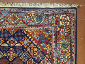 Wonderful Persian Kashan Rug 5x7, Dark Blue and Multicolor Panel Design, Wool Vintage Hand Knotted Carpet