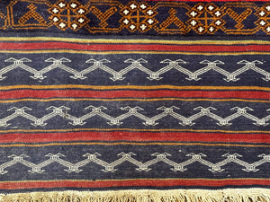 Afghan Rug 3x5, Tribal, Navy Blue, Wool, Handmade, Geometric, Rustic
