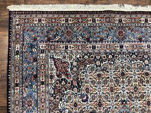 Persian Mashad Rug 7x10, Floral Medallion, Wool Hand Knotted Vintage Oriental Carpet, Blue & Ivory, Traditional Room Sized Rug