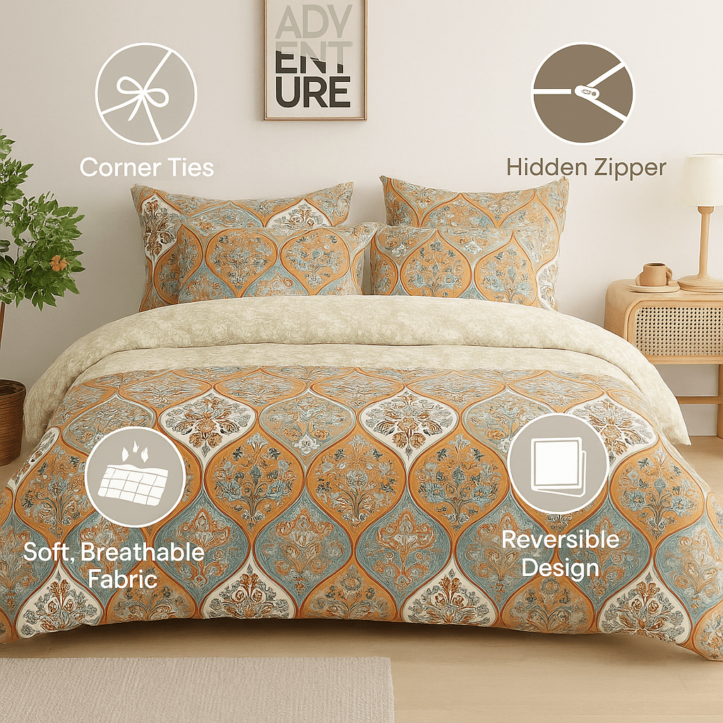 DaDalogy Bedding Bohemian Duvet Cover w/Pillow Cases - Reversible Coral Teal Floral Paisley Botanical Garden Party - Bright Vibrant Multi-Colorful Blue Salmon Pink