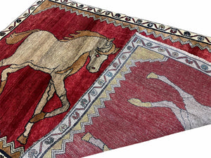 4 X 6 Handmade Hand-Knotted New Vintage Rug Wool Horses Red Organic Dyes Tribal
