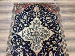 Antique Persian Rug 3.5 x 5, Sarouk Farahan Rug, High Quality 1920s Fine Oriental Carpet 3 x 5 ft, Large Medallion, Floral, Navy Blue Red, Hand Knotted Wool Rug